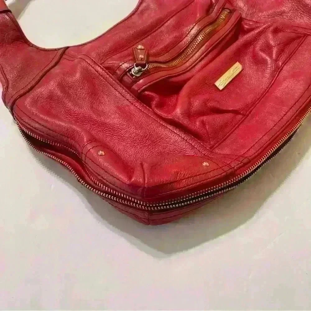 Etienne Aigner Red Genuine Leather Handbag Pockets Zip Around Boho Outdoor